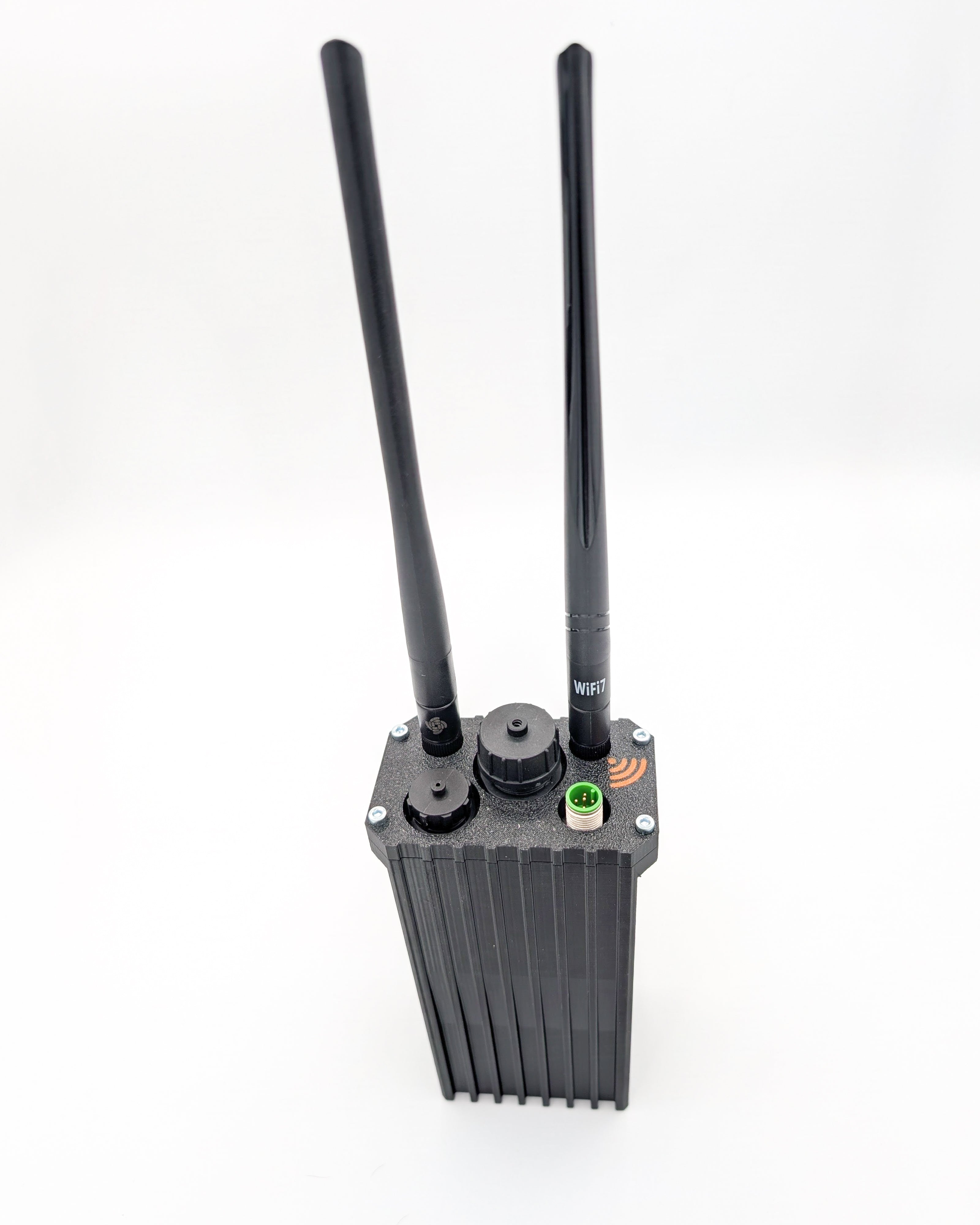 Nucleus V3 connector face — antennas, weatherproof ports, M12 connector