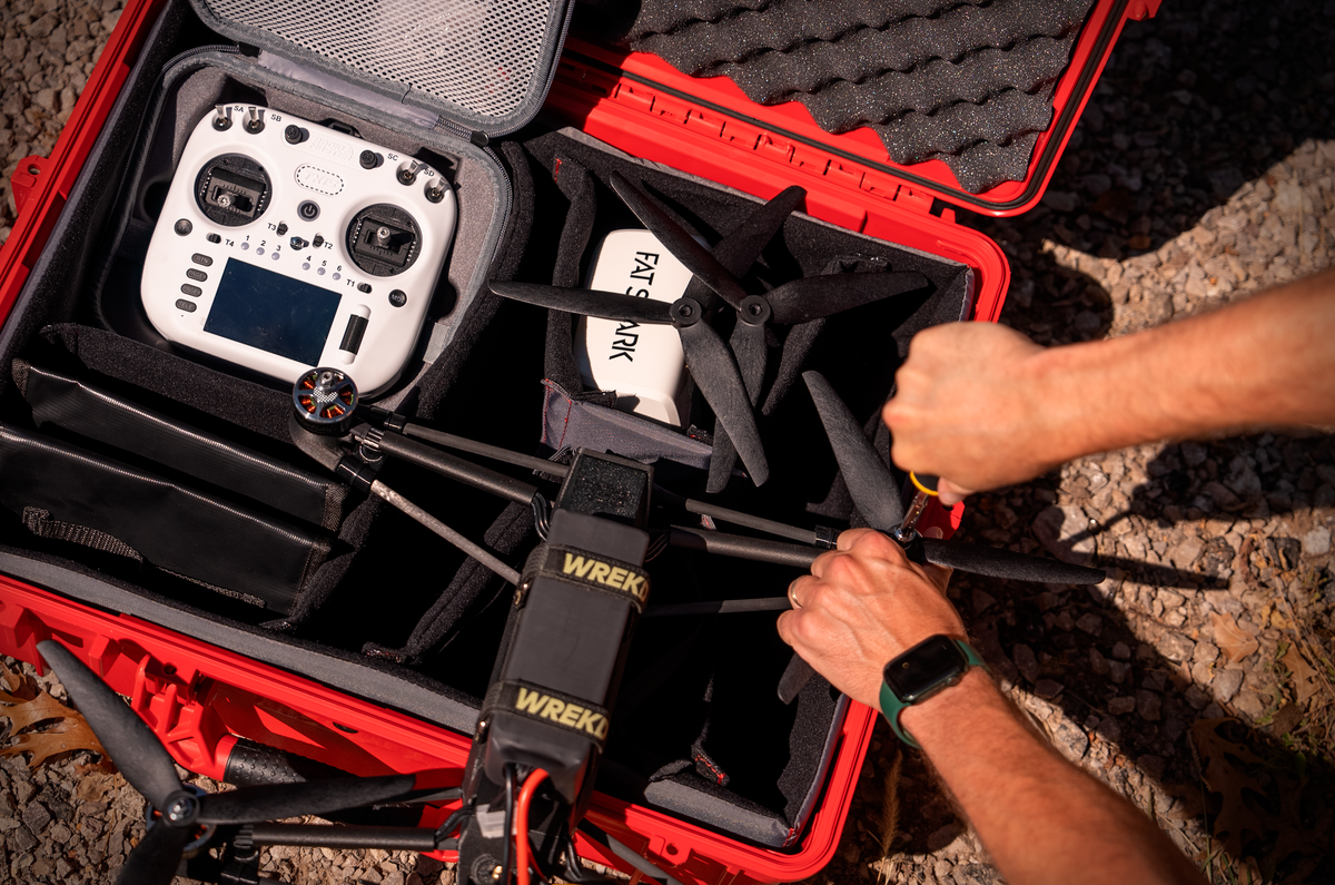 Ready to Fly Kit case with HOURGLASS drone in the field